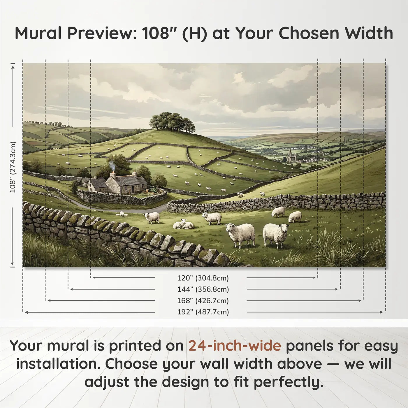Panel layout and dimensions for Pastoral Sheep Hillside Wallpaper Mural by Whimsy Tots