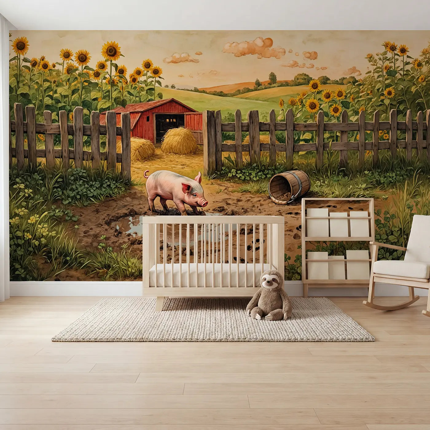 Storybook piglet farm puddle wallpaper mural for nursery by Whimsy Tots