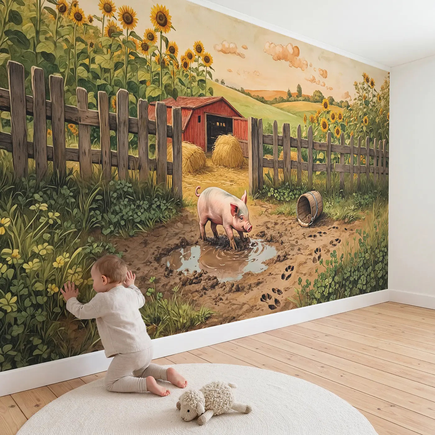 Child in nursery with Happy Piglet Puddle Wallpaper Mural by Whimsy Tots