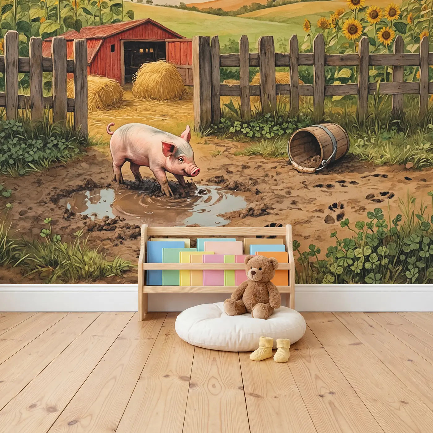 Happy Piglet Puddle Wallpaper Mural in playroom setting by Whimsy Tots