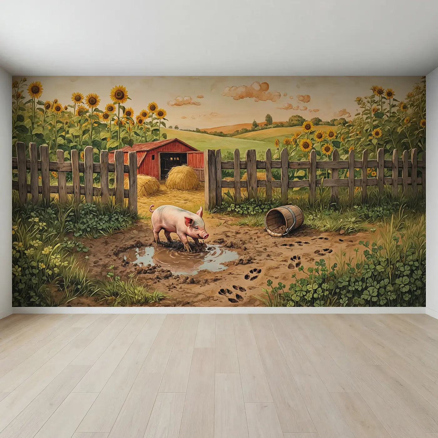 Full view of Happy Piglet Puddle Wallpaper Mural by Whimsy Tots