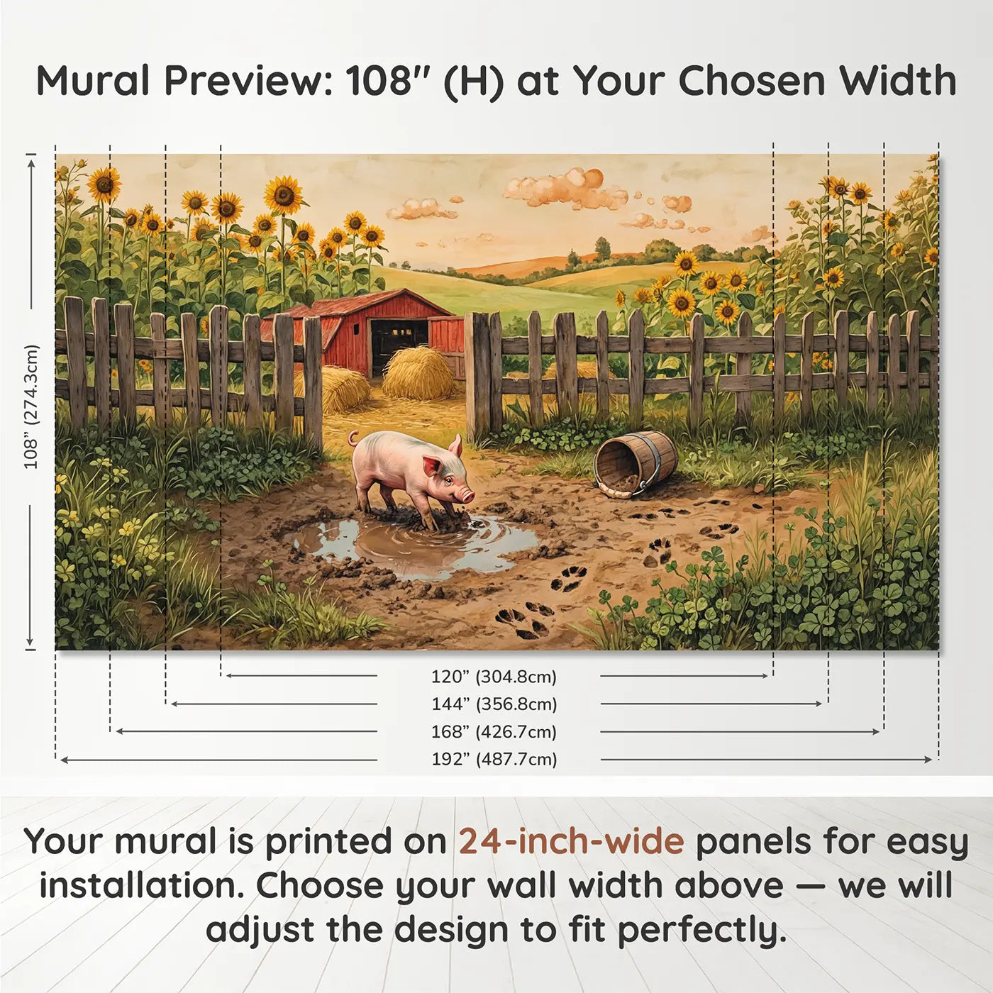 Panel layout and dimensions for Happy Piglet Puddle Wallpaper Mural by Whimsy Tots