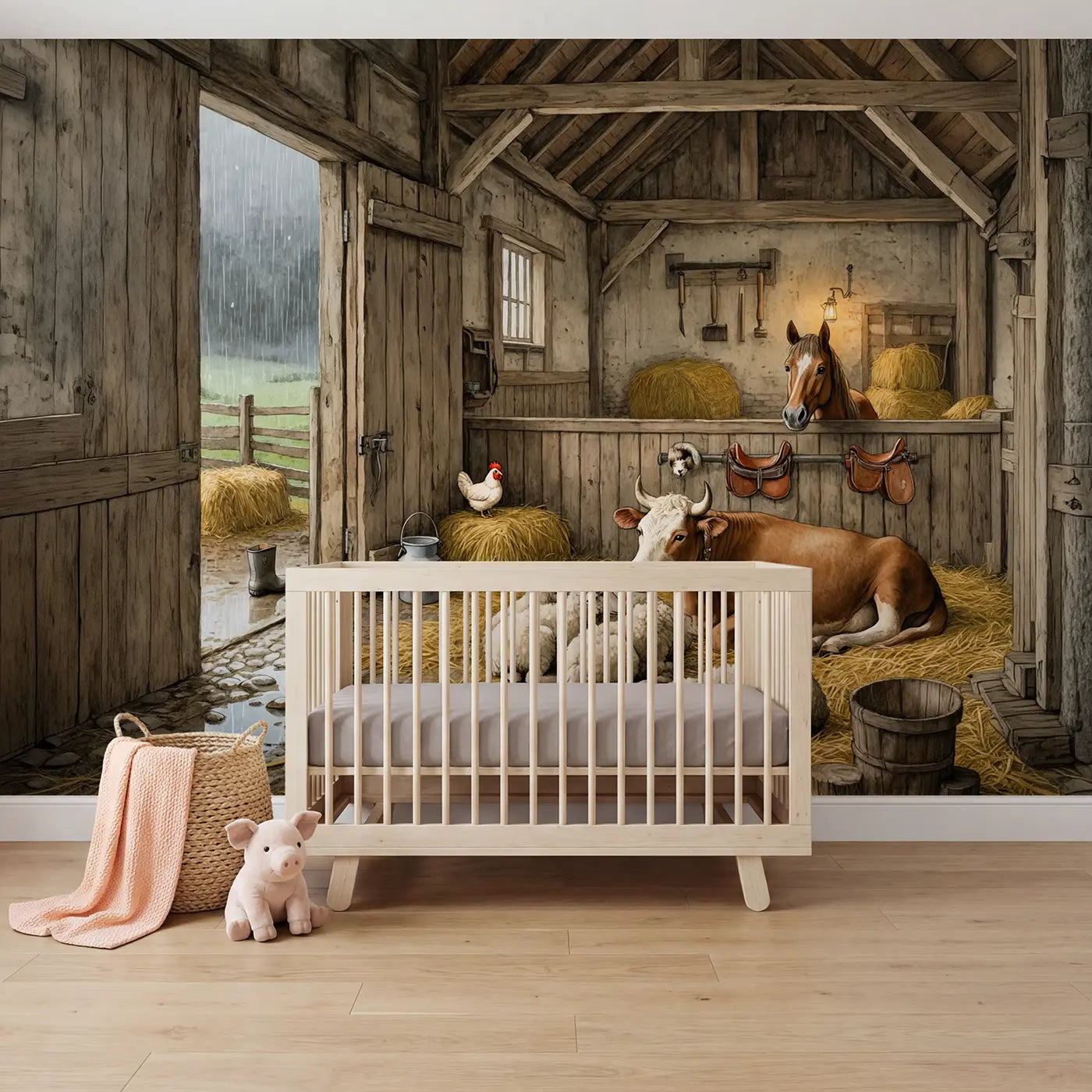 Storybook cow countryside wallpaper mural for kids room by Whimsy Tots