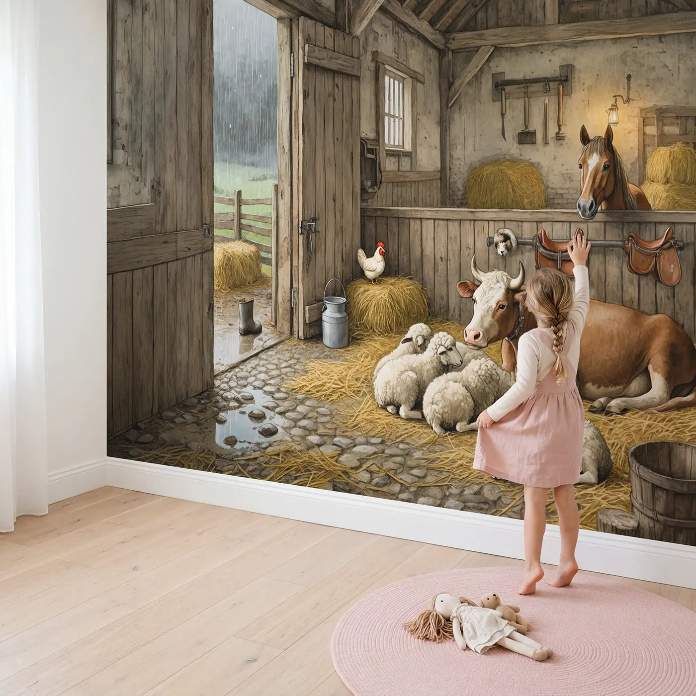 Child in nursery with Rainy Day Barn Shelter Wallpaper Mural by Whimsy Tots