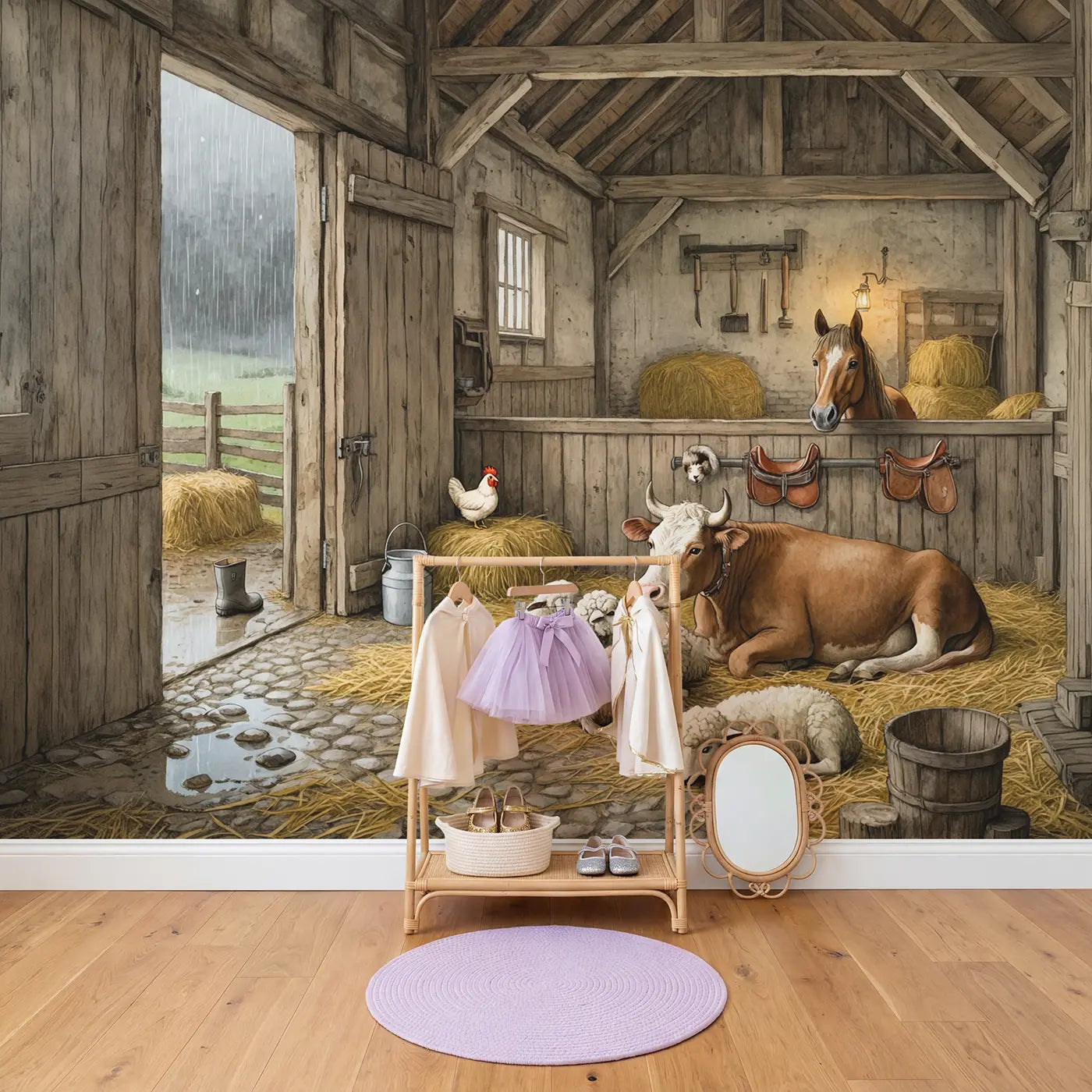Rainy Day Barn Shelter Wallpaper Mural in playroom setting by Whimsy Tots