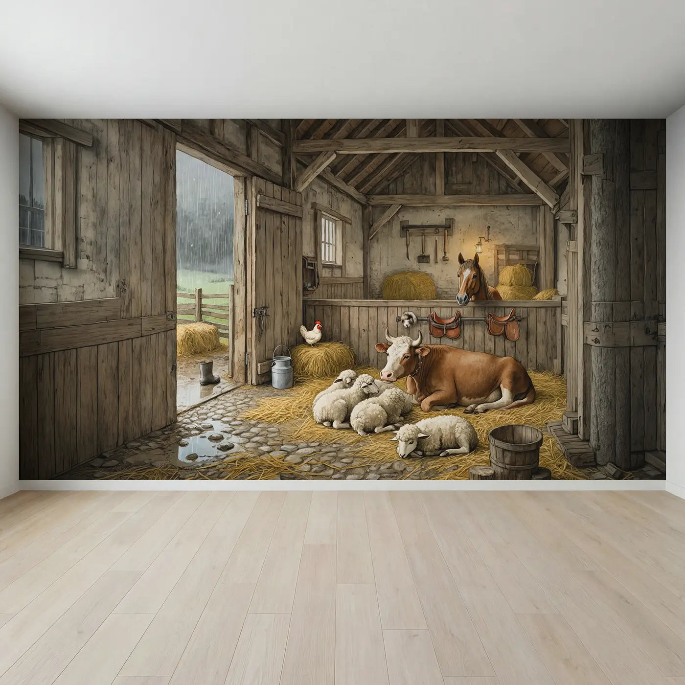 Full view of Rainy Day Barn Shelter Wallpaper Mural by Whimsy Tots