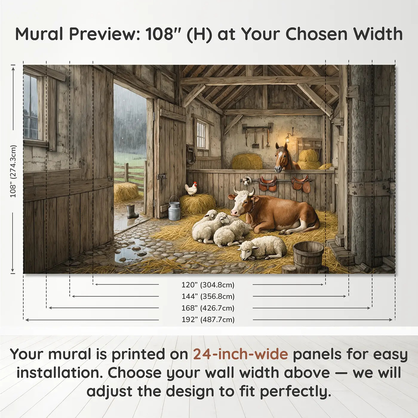 Panel layout and dimensions for Rainy Day Barn Shelter Wallpaper Mural by Whimsy Tots