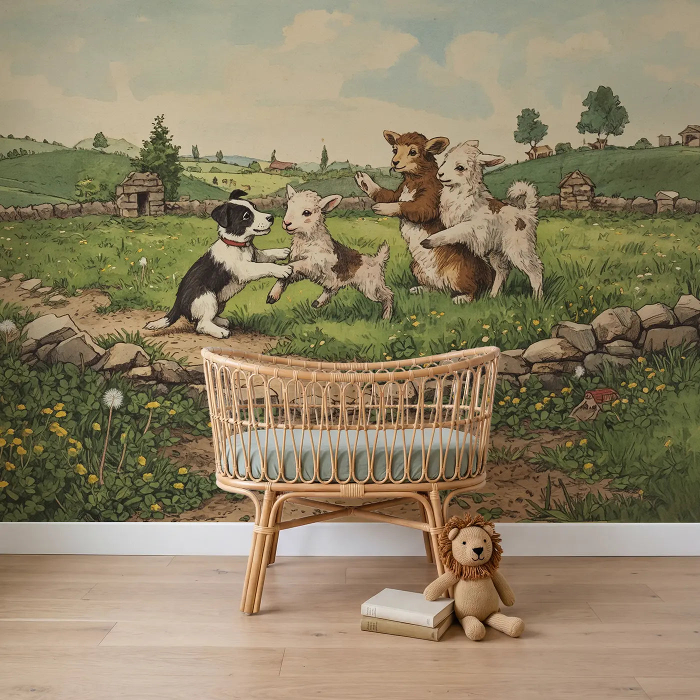 storybook lamb border collie puppy farm wallpaper mural for nursery by Whimsy Tots