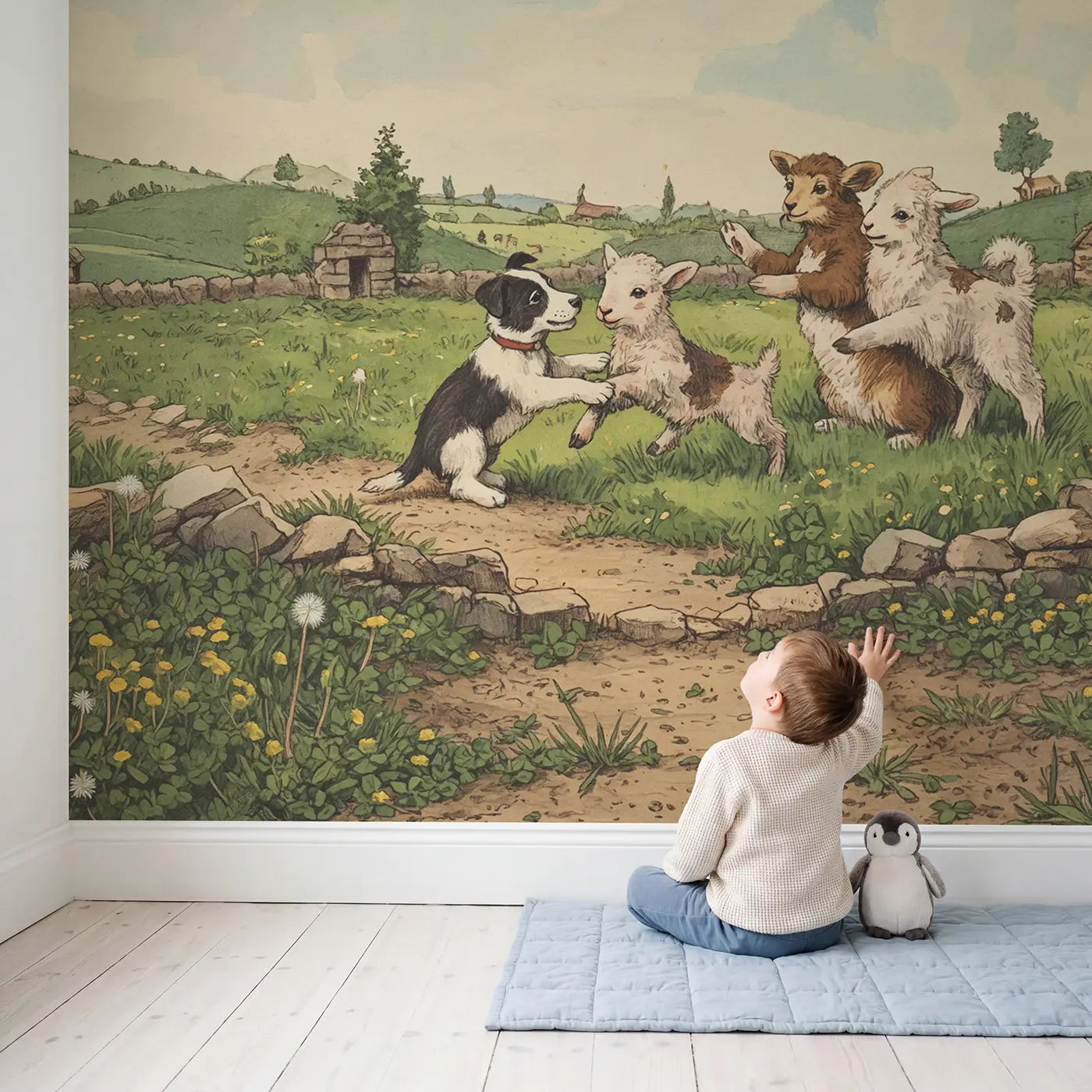 Child in nursery with Lamb Border Collie Puppy Wallpaper Mural by Whimsy Tots