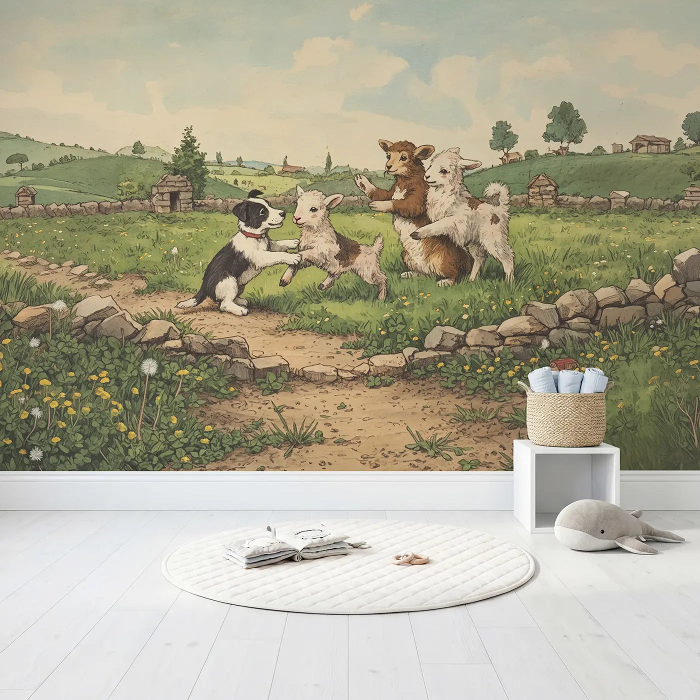 Lamb Border Collie Puppy Wallpaper Mural in playroom setting by Whimsy Tots