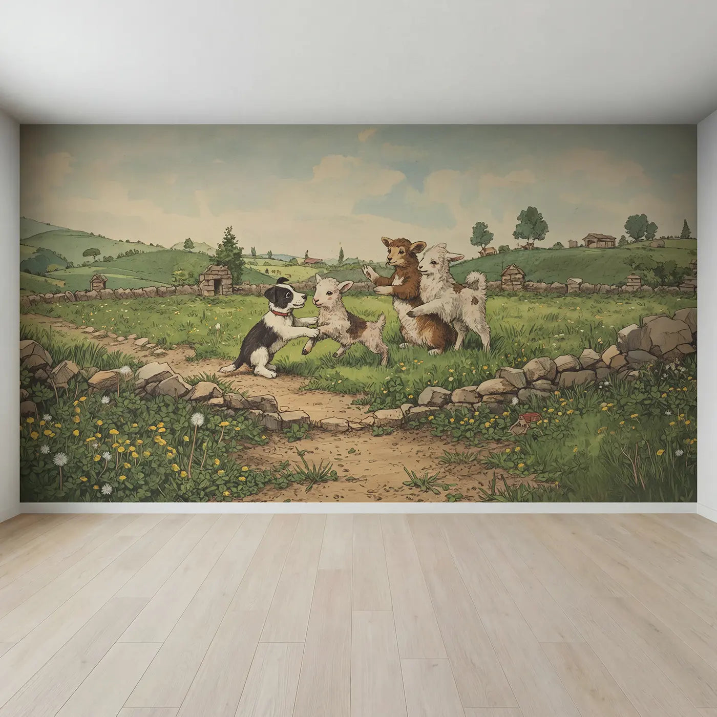 Full view of Lamb Border Collie Puppy Wallpaper Mural by Whimsy Tots
