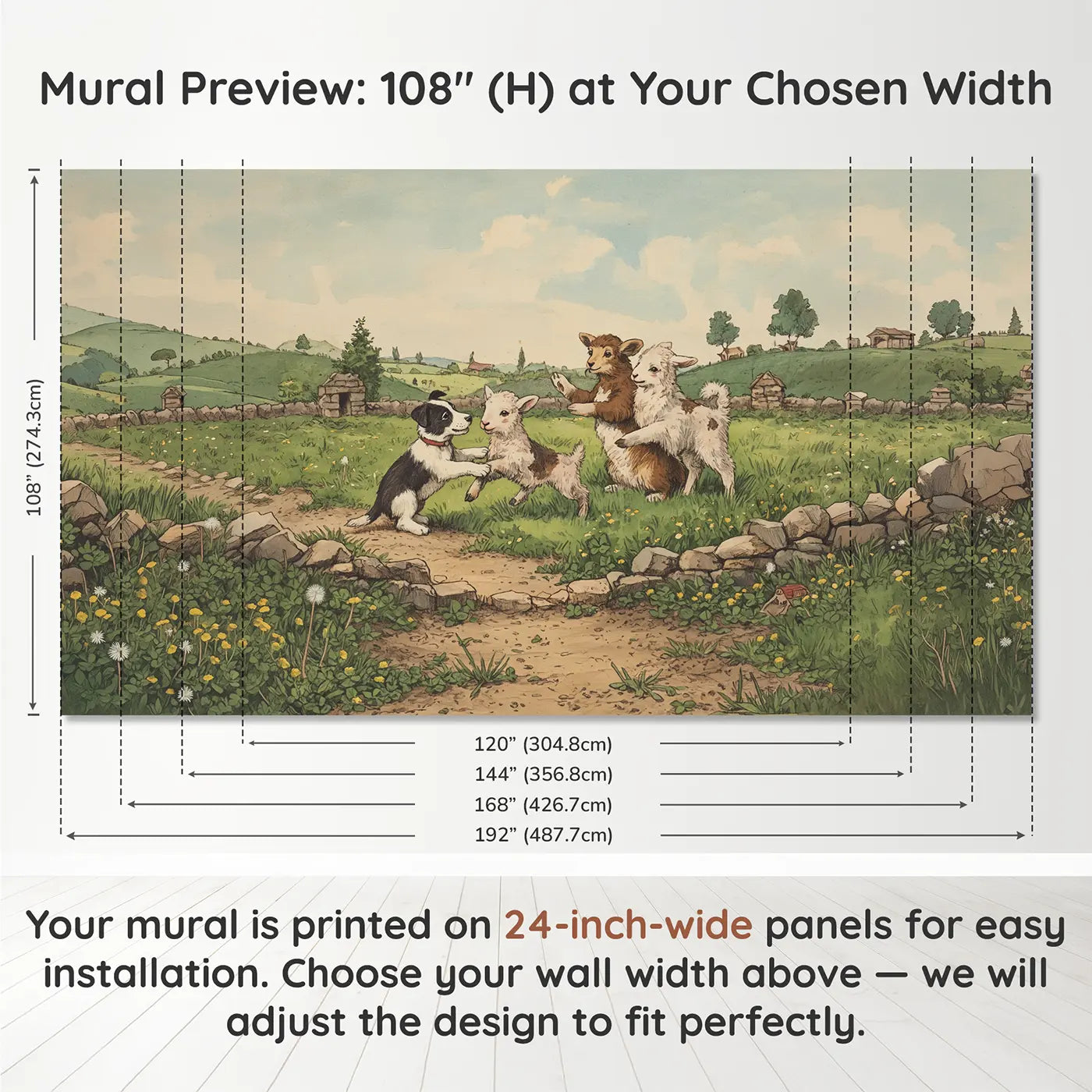 Panel layout and dimensions for Lamb Border Collie Puppy Wallpaper Mural by Whimsy Tots