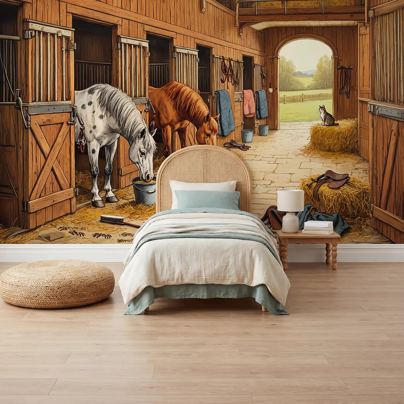 block print horses stable grooming morning wallpaper mural for kids room by Whimsy Tots