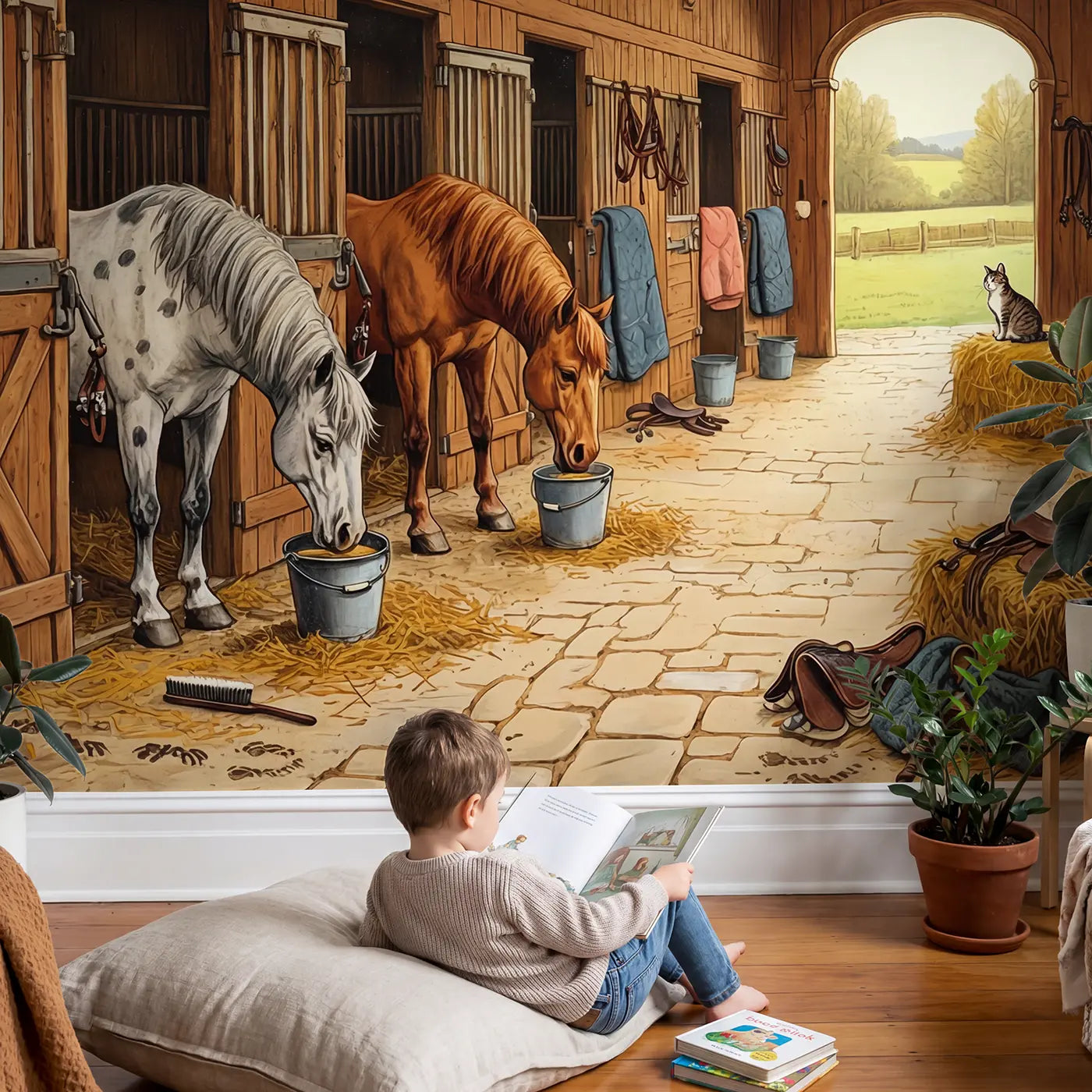 Child in nursery with Stable Grooming Morning Wallpaper Mural by Whimsy Tots