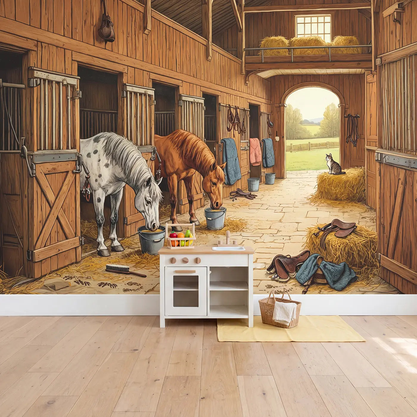 Stable Grooming Morning Wallpaper Mural in playroom setting by Whimsy Tots