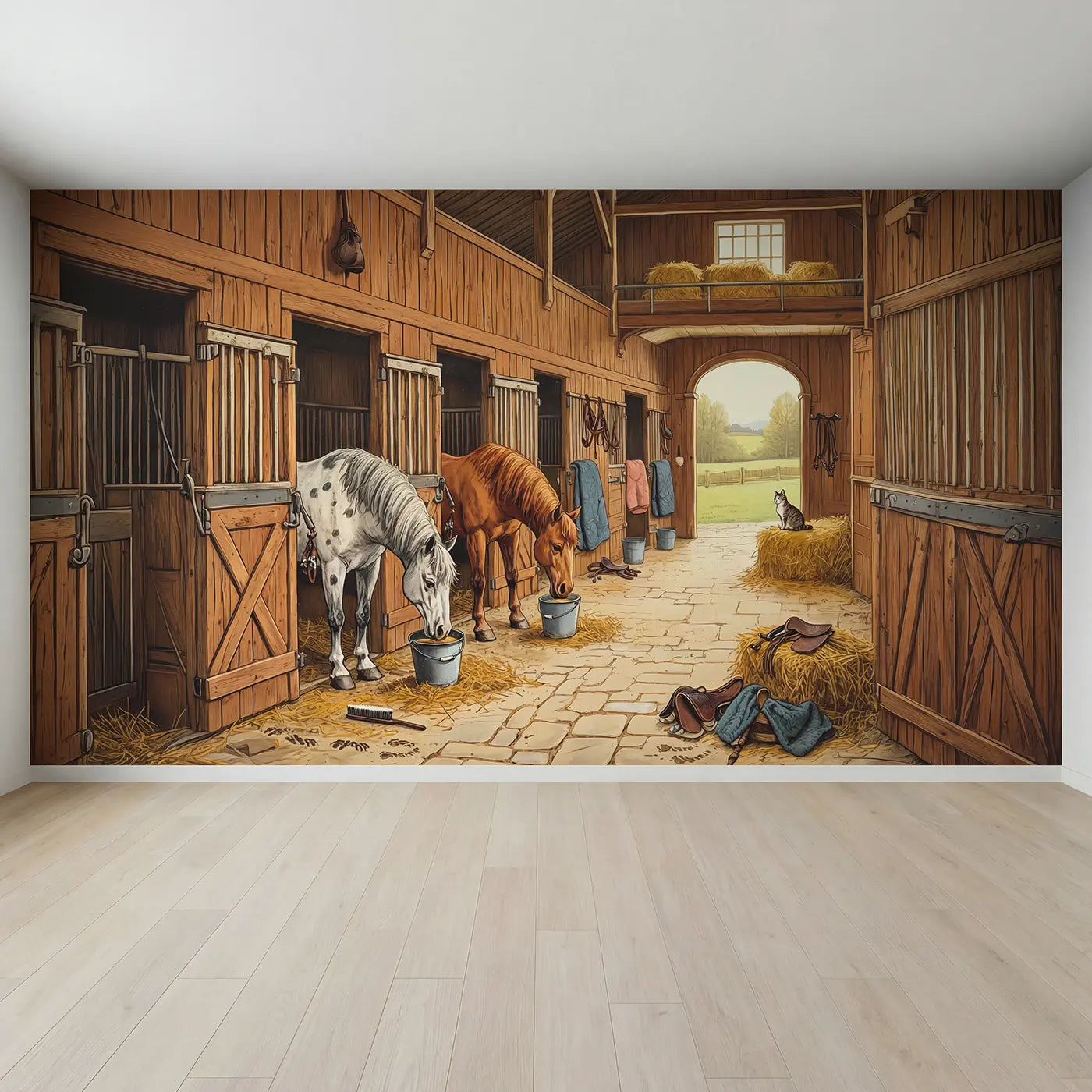 Full view of Stable Grooming Morning Wallpaper Mural by Whimsy Tots
