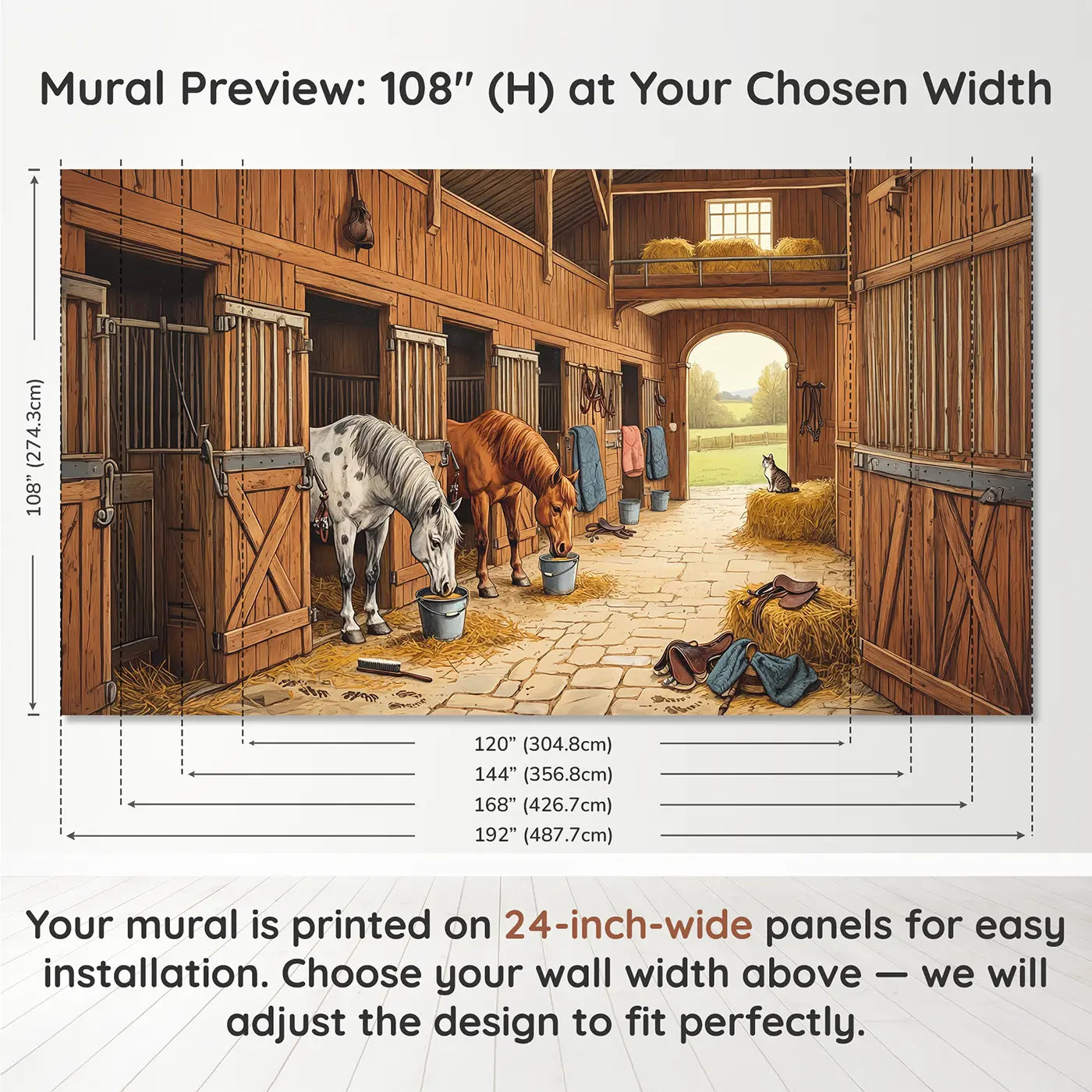 Panel layout and dimensions for Stable Grooming Morning Wallpaper Mural by Whimsy Tots