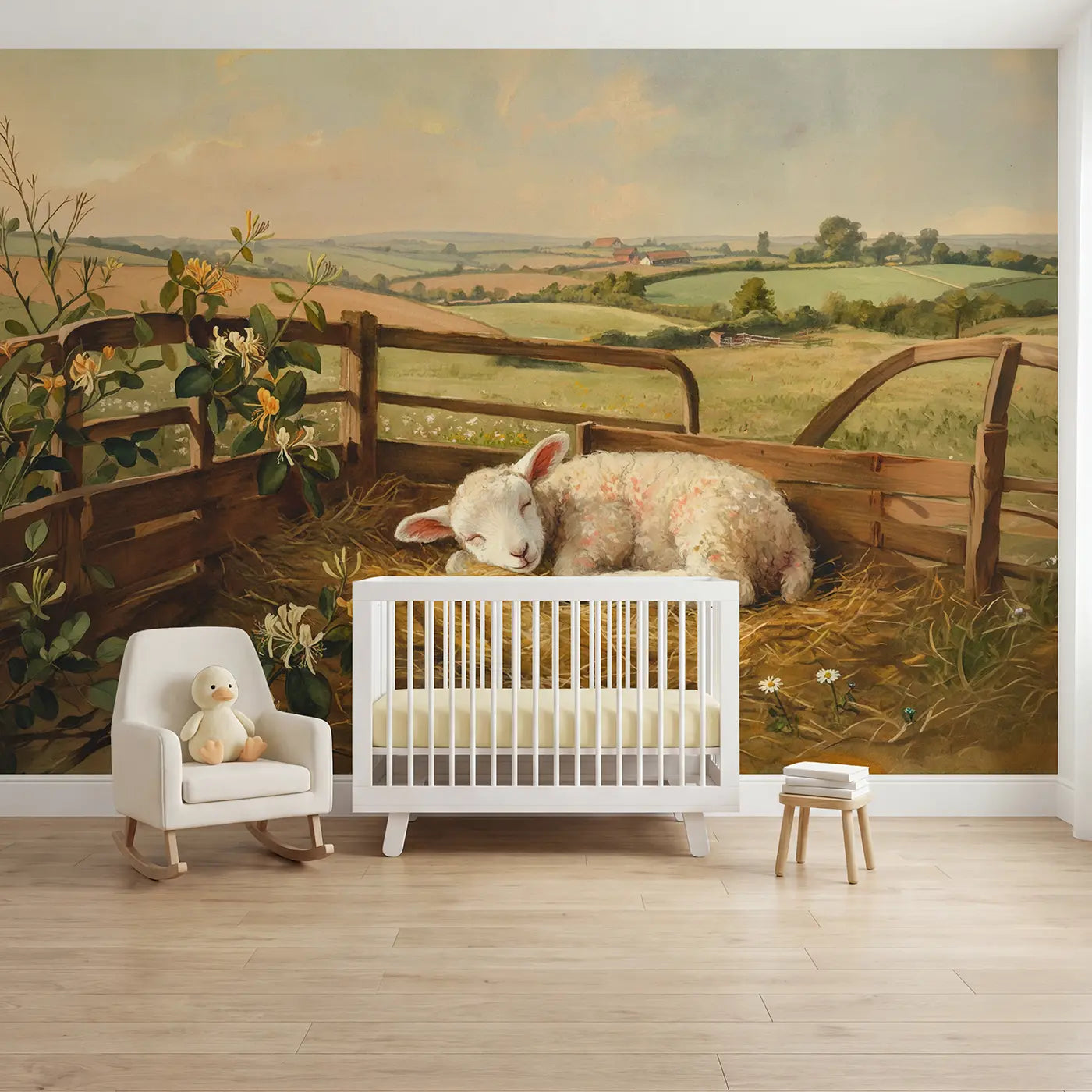 watercolor lamb sleeping barn wallpaper mural for nursery by Whimsy Tots