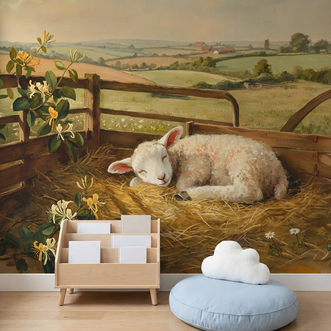 Child in nursery with Fluffy White Lamb Sleeping Wallpaper Mural by Whimsy Tots