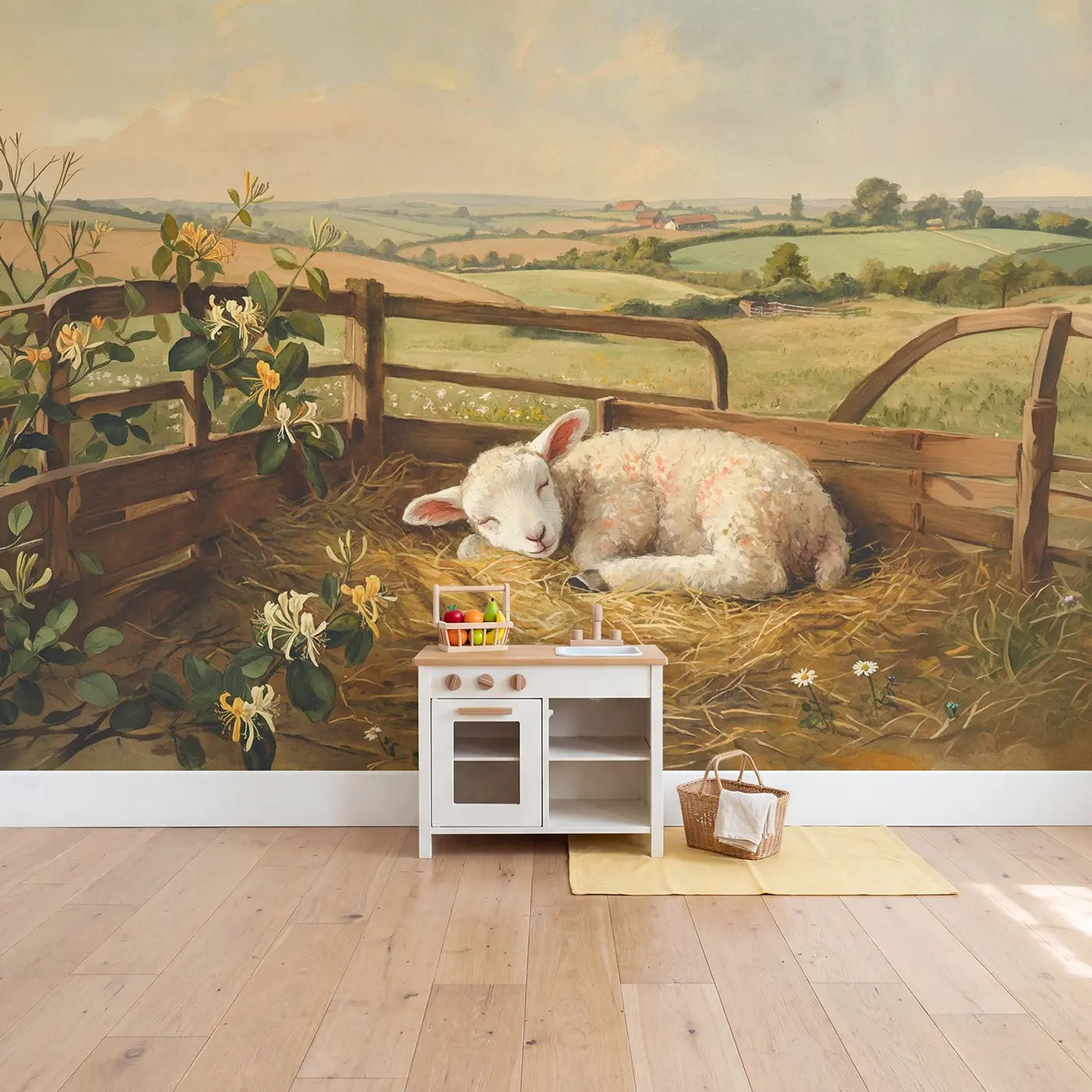 Fluffy White Lamb Sleeping Wallpaper Mural in playroom setting by Whimsy Tots