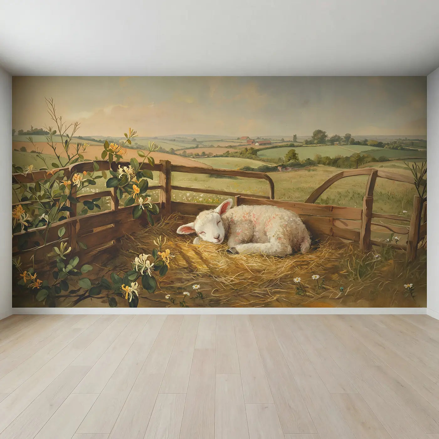 Full view of Fluffy White Lamb Sleeping Wallpaper Mural by Whimsy Tots