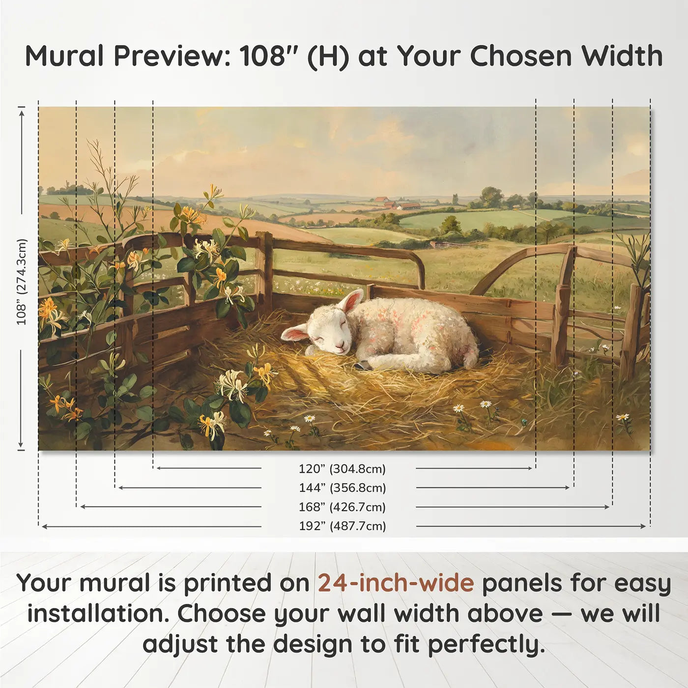 Panel layout and dimensions for Fluffy White Lamb Sleeping Wallpaper Mural by Whimsy Tots