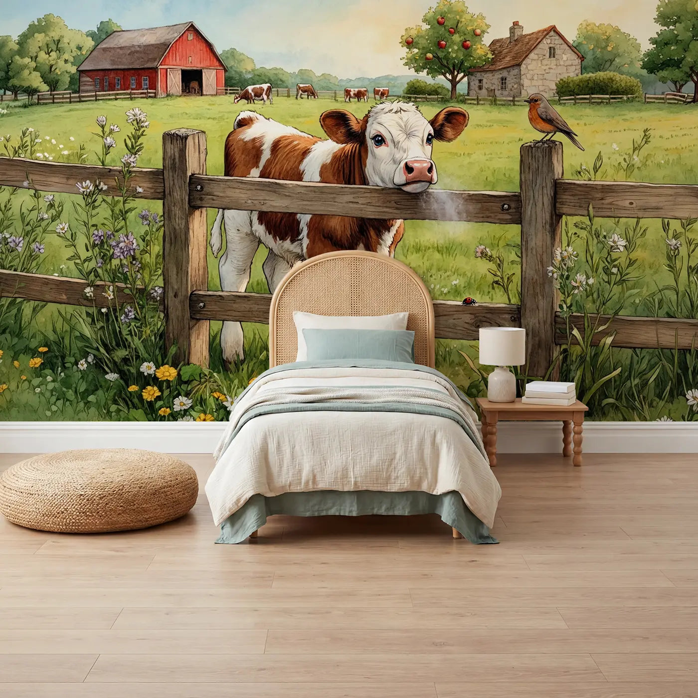 storybook calf fence meadow wallpaper mural for kids room by Whimsy Tots