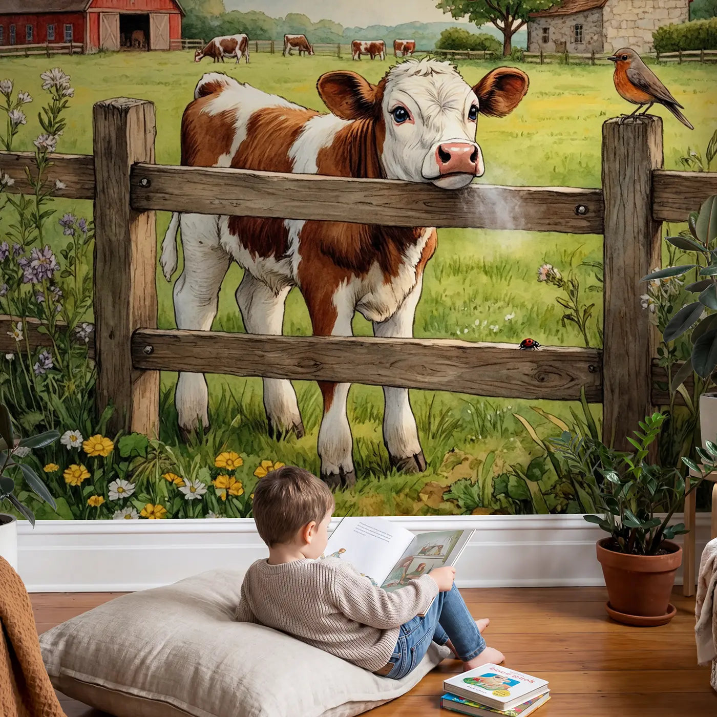 Child in nursery with Curious Calf at Fence Wallpaper Mural by Whimsy Tots