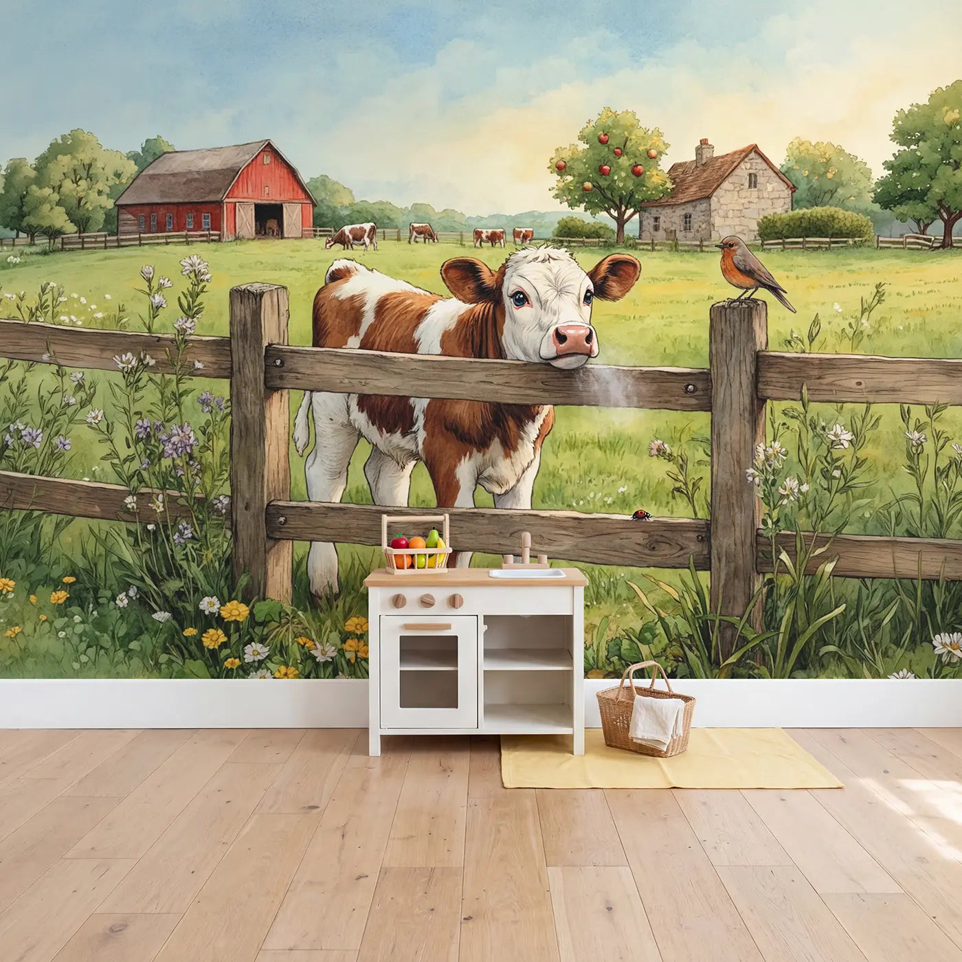 Curious Calf at Fence Wallpaper Mural in playroom setting by Whimsy Tots