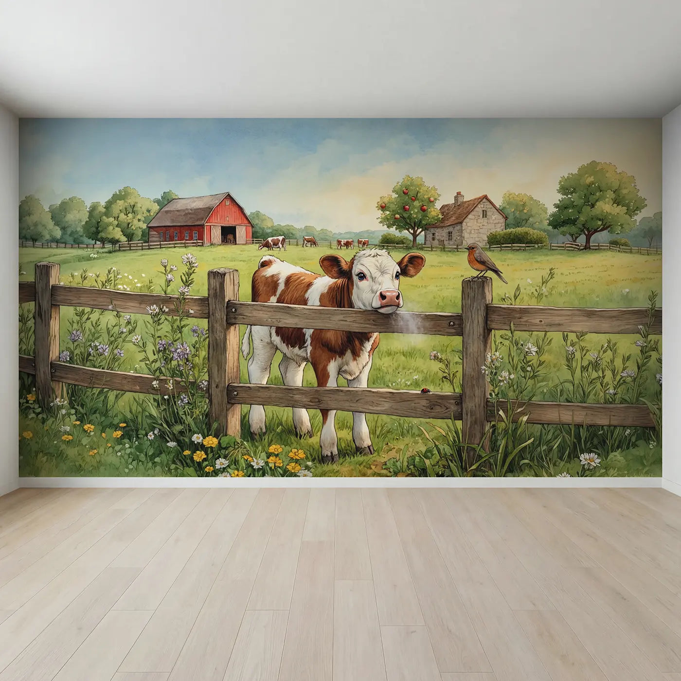 Full view of Curious Calf at Fence Wallpaper Mural by Whimsy Tots
