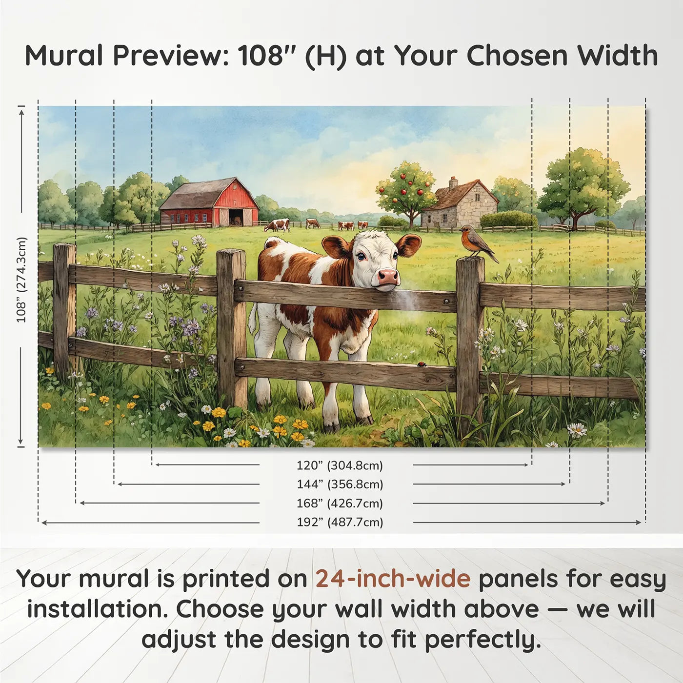 Panel layout and dimensions for Curious Calf at Fence Wallpaper Mural by Whimsy Tots