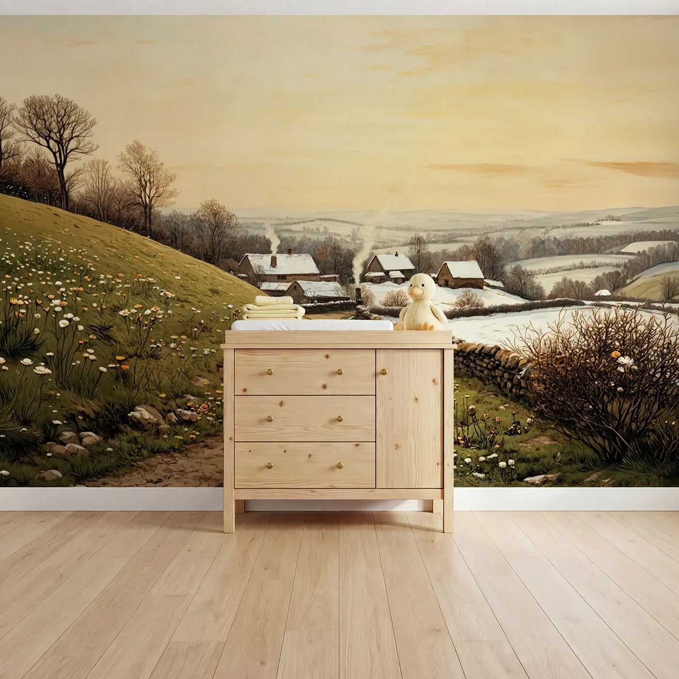 storybook snowy farmyard winter wallpaper mural for nursery by Whimsy Tots
