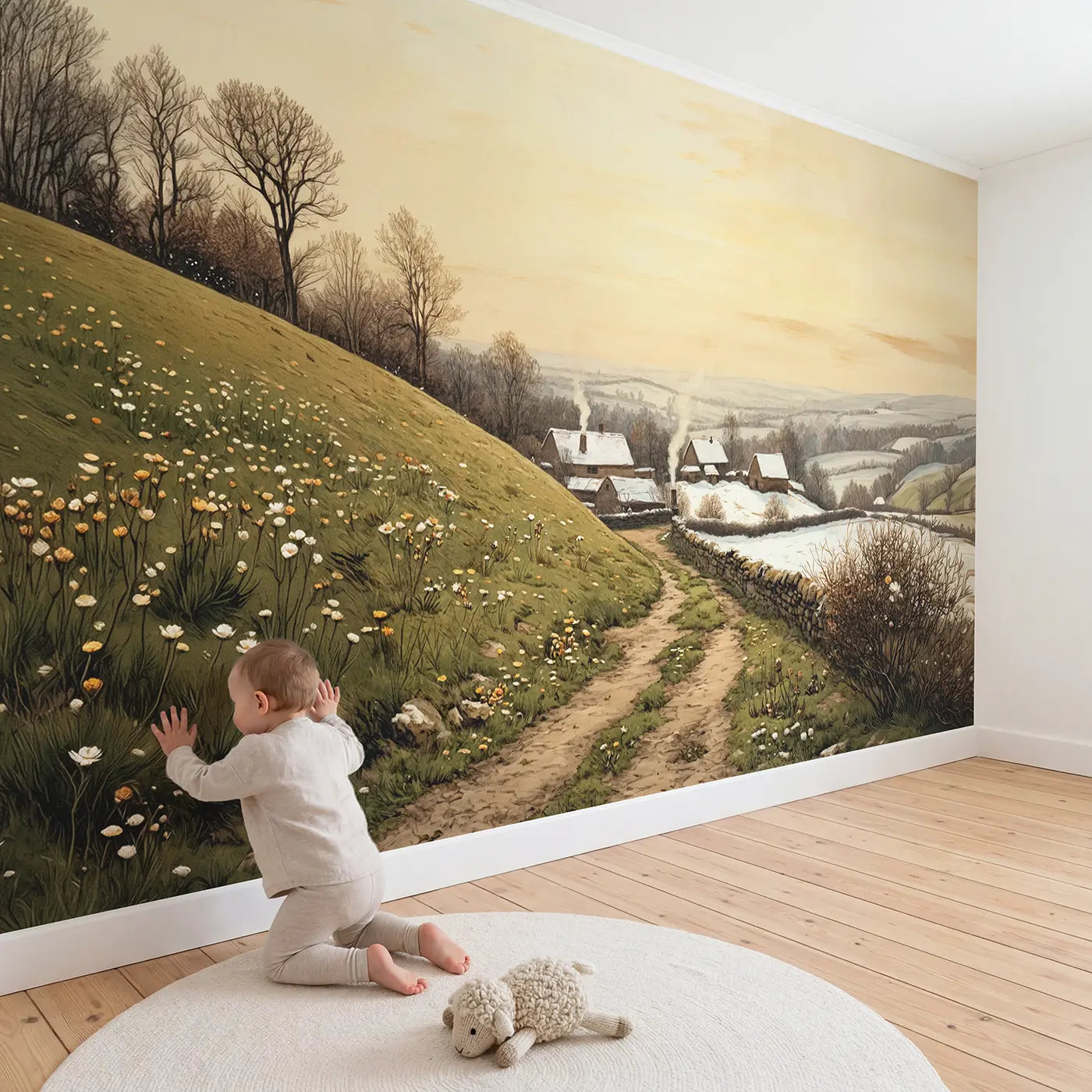 Child in nursery with Snowy Farmyard Winter Morning Wallpaper Mural by Whimsy Tots