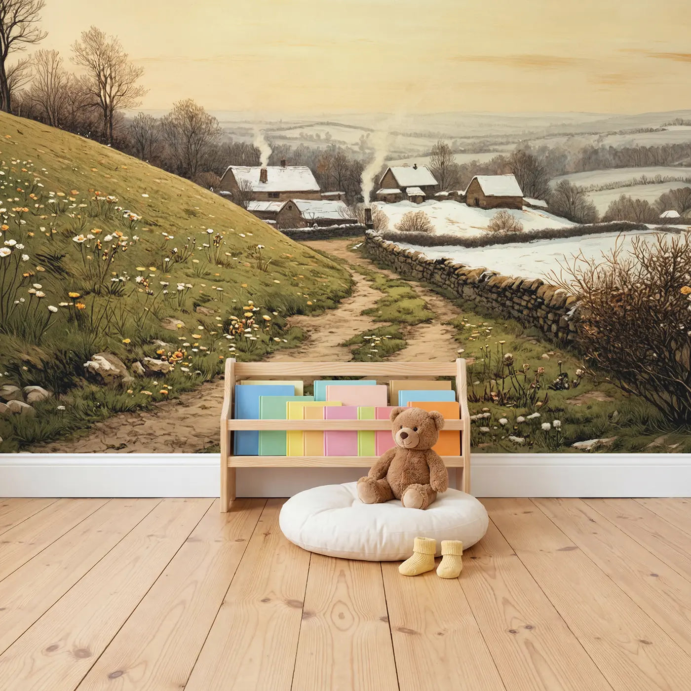 Snowy Farmyard Winter Morning Wallpaper Mural in playroom setting by Whimsy Tots