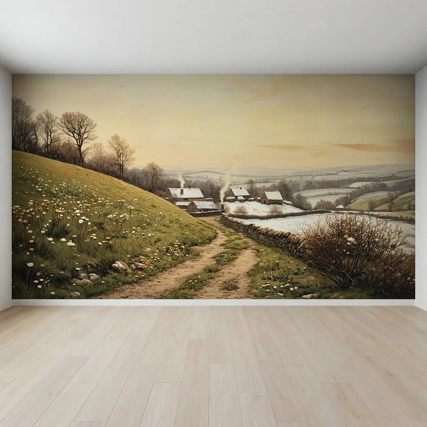 Full view of Snowy Farmyard Winter Morning Wallpaper Mural by Whimsy Tots