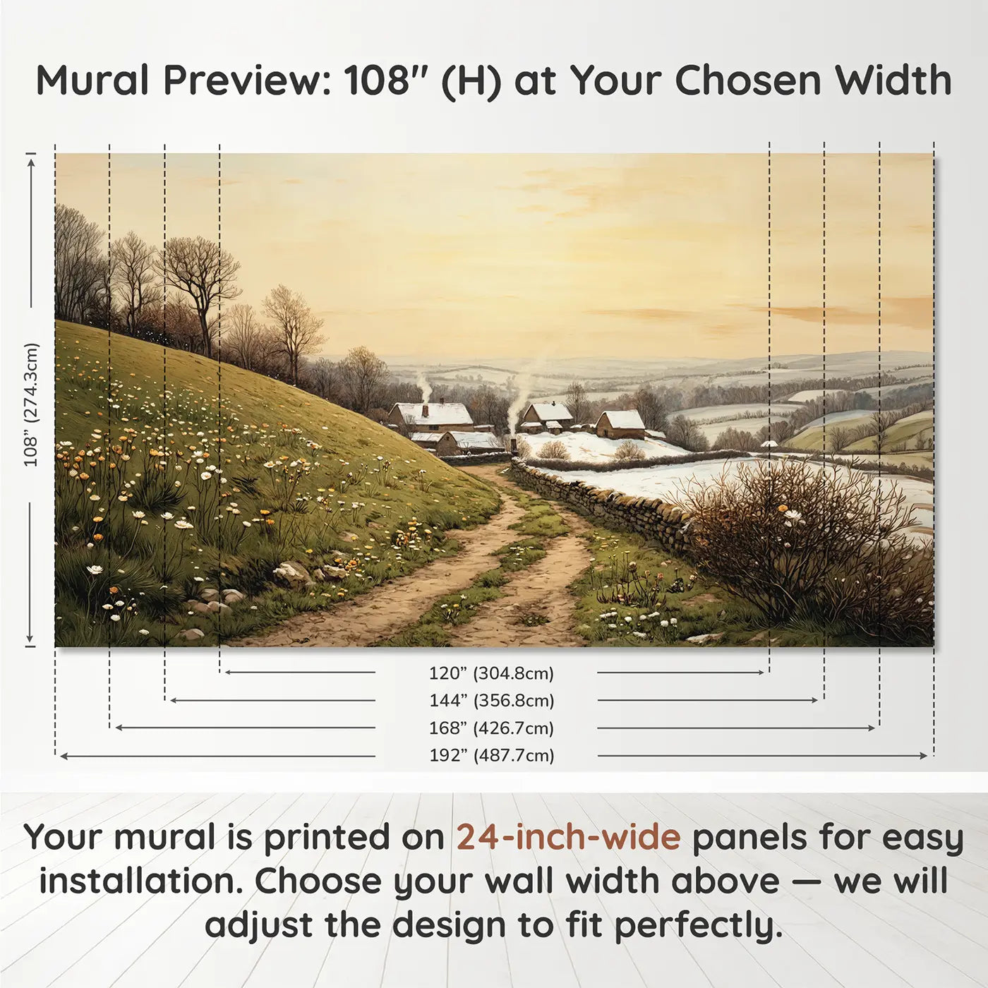 Panel layout and dimensions for Snowy Farmyard Winter Morning Wallpaper Mural by Whimsy Tots