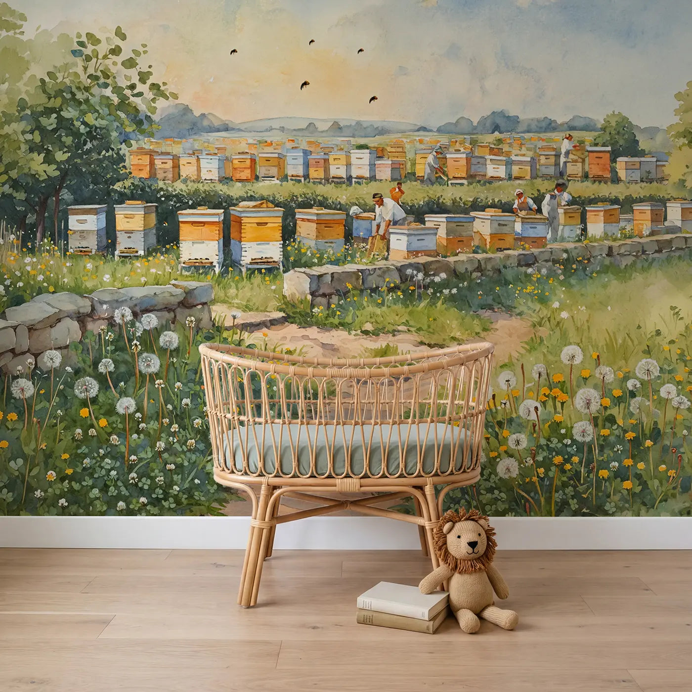 Watercolor beehive farm countryside wallpaper mural for boys room by Whimsy Tots