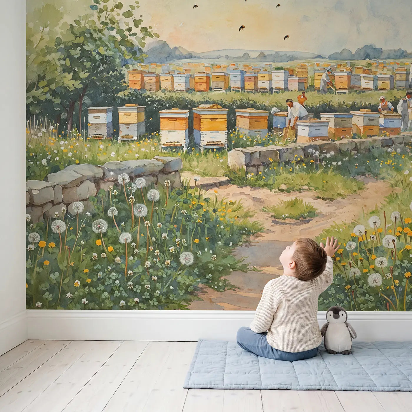 Child in nursery with Beehive Corner Farm Keeper Wallpaper Mural by Whimsy Tots