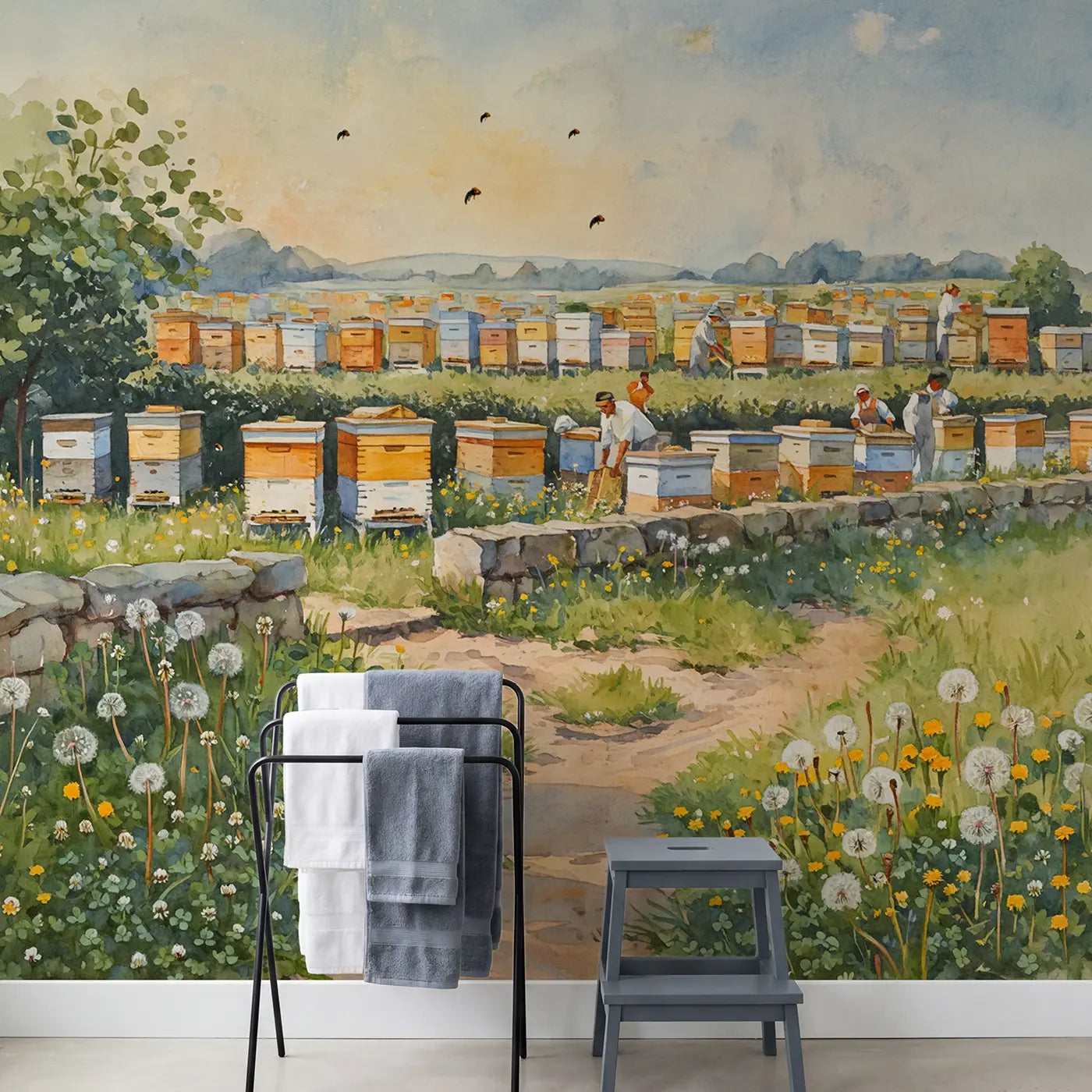 Beehive Corner Farm Keeper Wallpaper Mural in playroom setting by Whimsy Tots