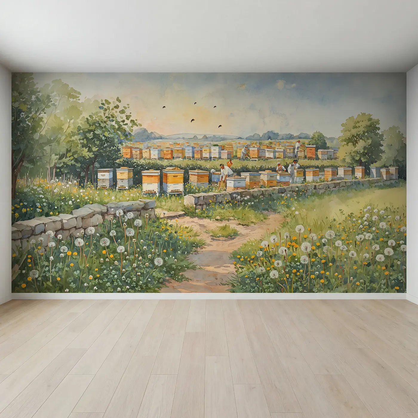 Full view of Beehive Corner Farm Keeper Wallpaper Mural by Whimsy Tots