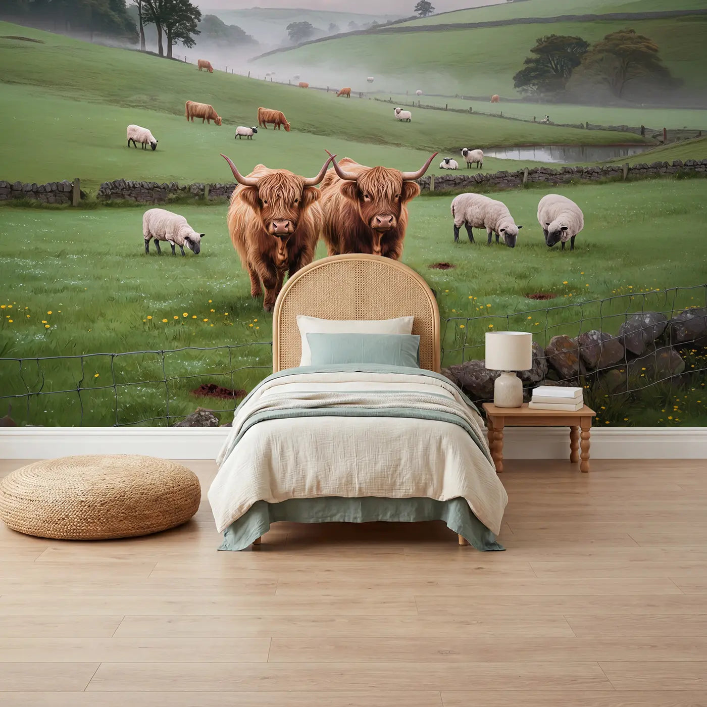 Soft pastel highland cow misty pasture wallpaper mural for kids room by Whimsy Tots