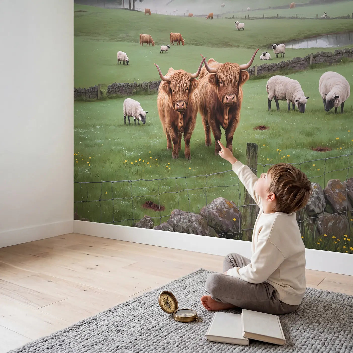 Child in nursery with Highland Cow Misty Pasture Wallpaper Mural by Whimsy Tots