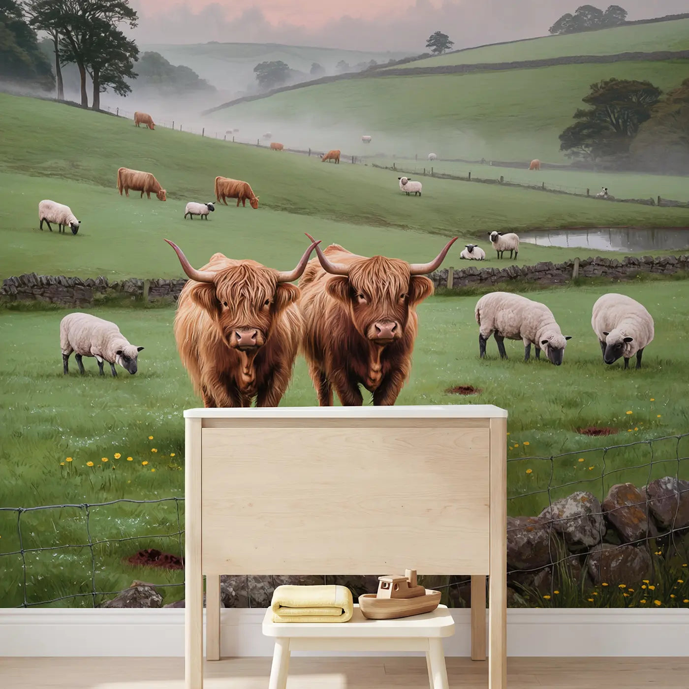 Highland Cow Misty Pasture Wallpaper Mural in playroom setting by Whimsy Tots