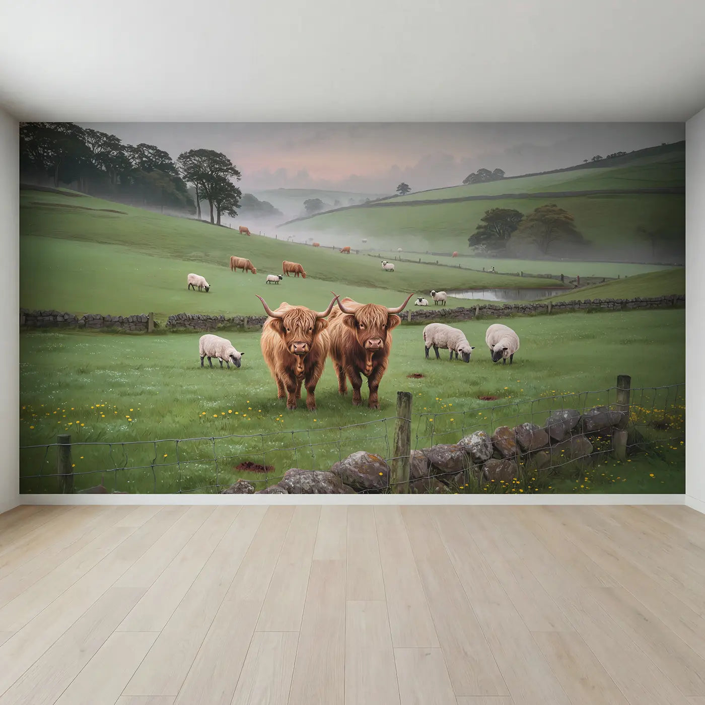 Full view of Highland Cow Misty Pasture Wallpaper Mural by Whimsy Tots