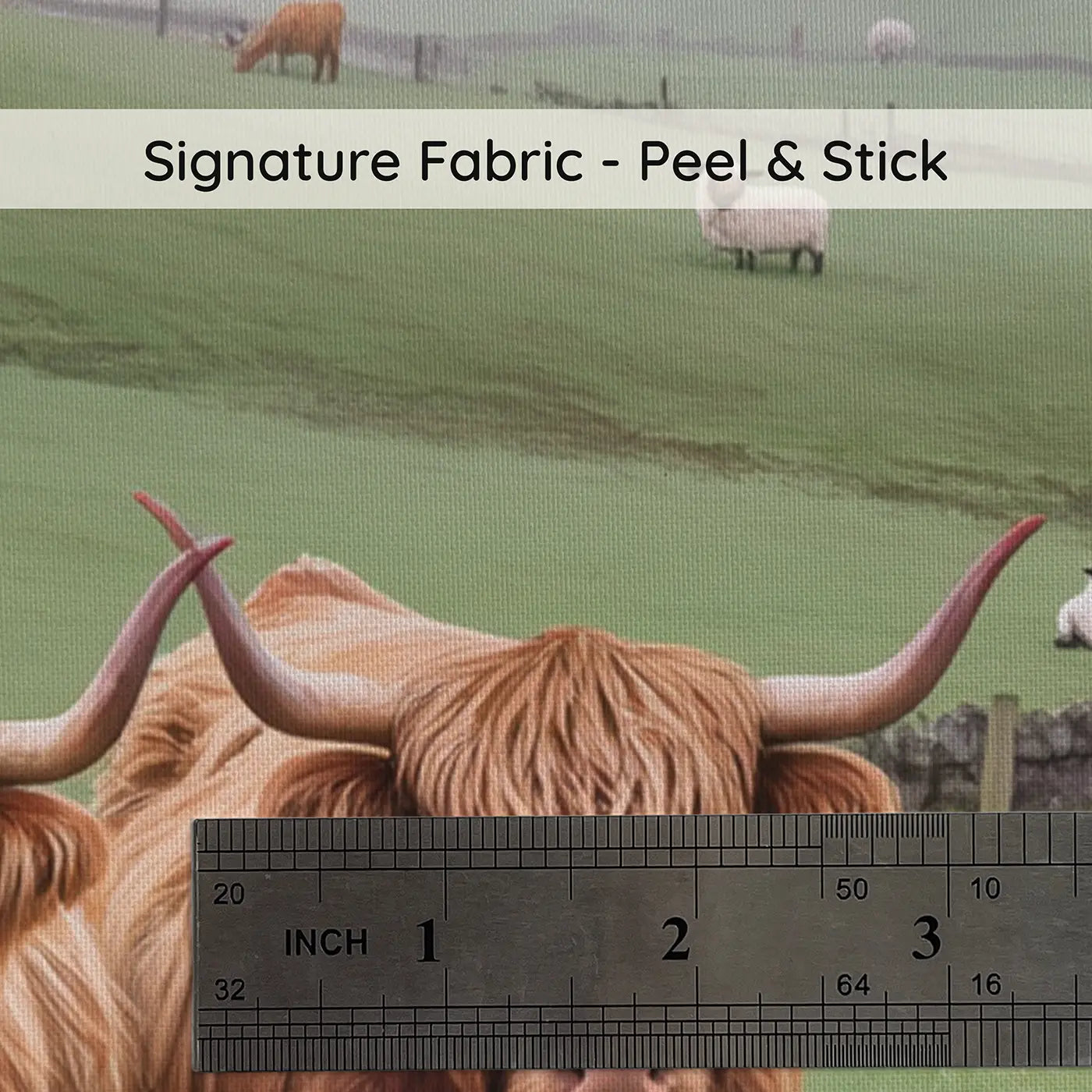 Fabric texture close-up of Highland Cow Misty Pasture Wallpaper Mural by Whimsy Tots