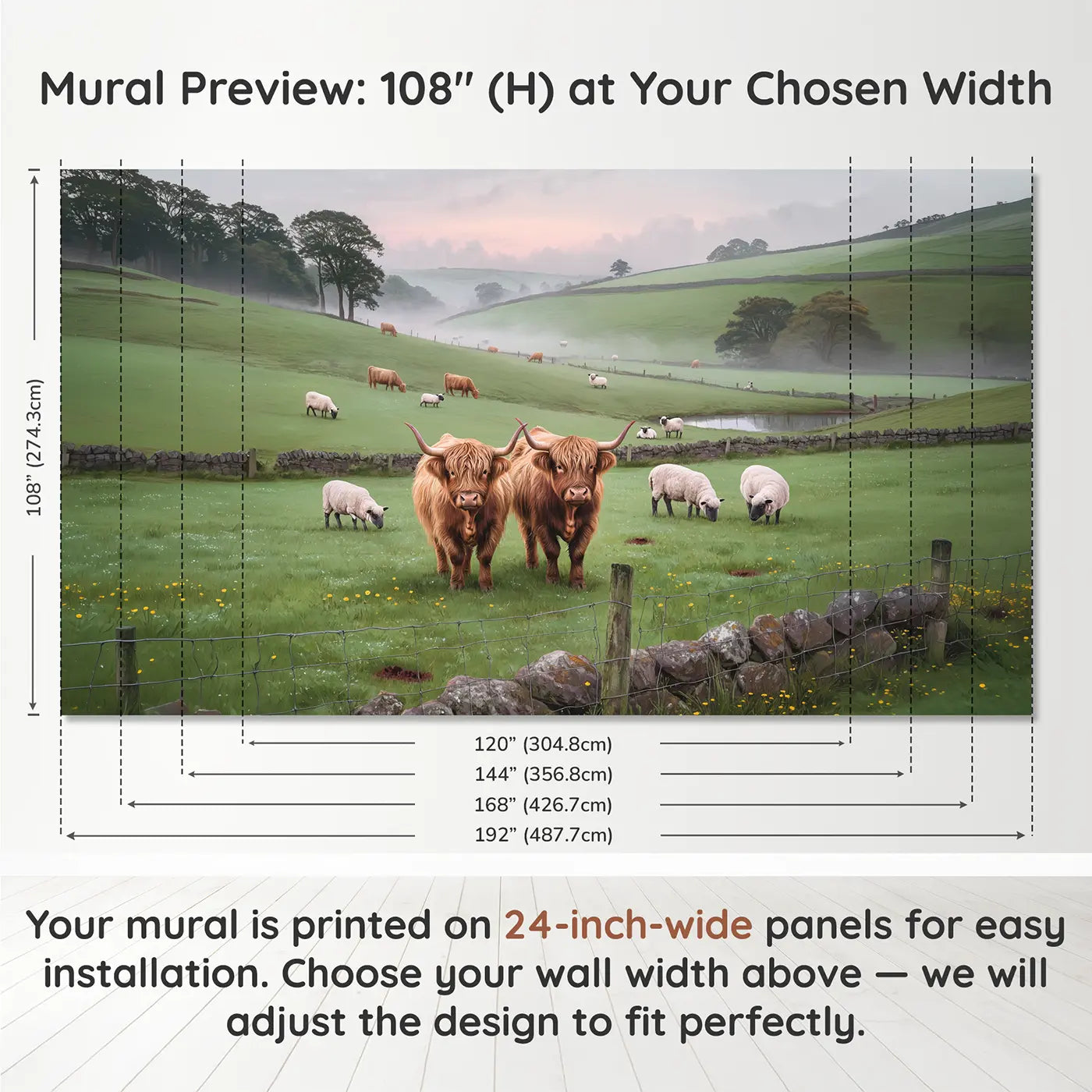 Panel layout and dimensions for Highland Cow Misty Pasture Wallpaper Mural by Whimsy Tots