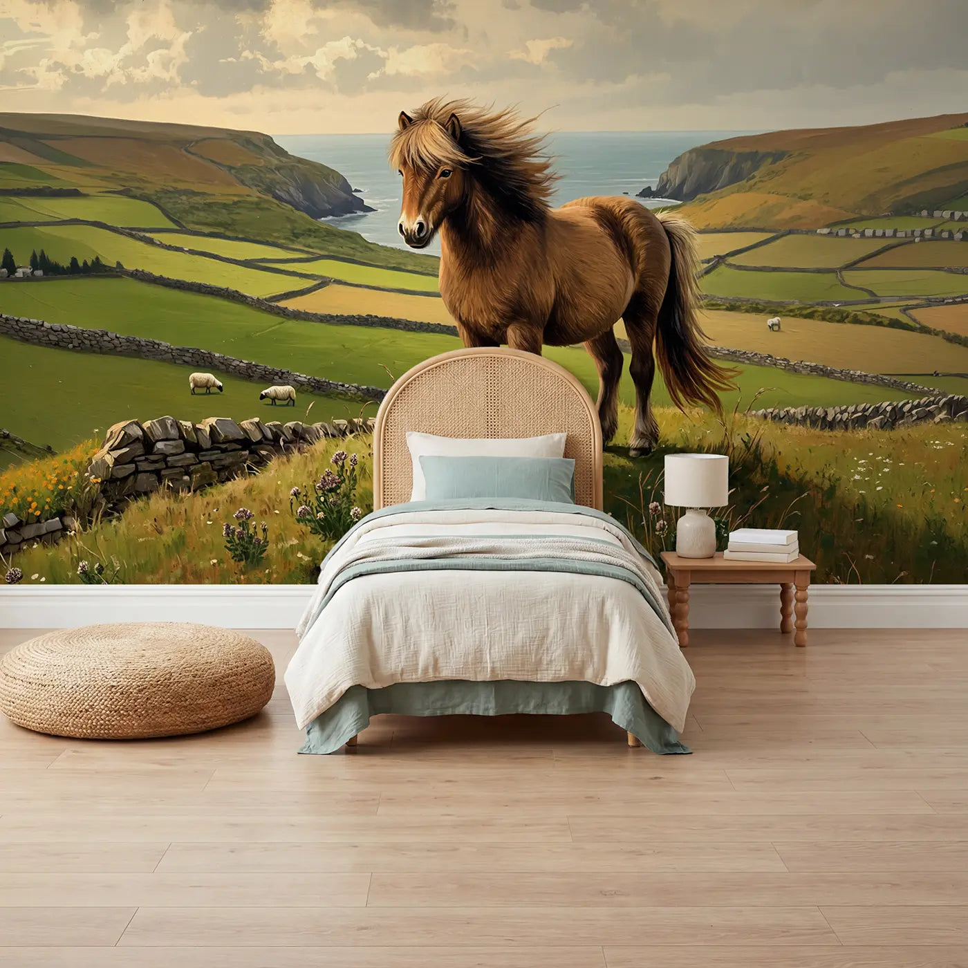 painted landscape wild mane Shetland pony hillside mural for kids room by Whimsy Tots