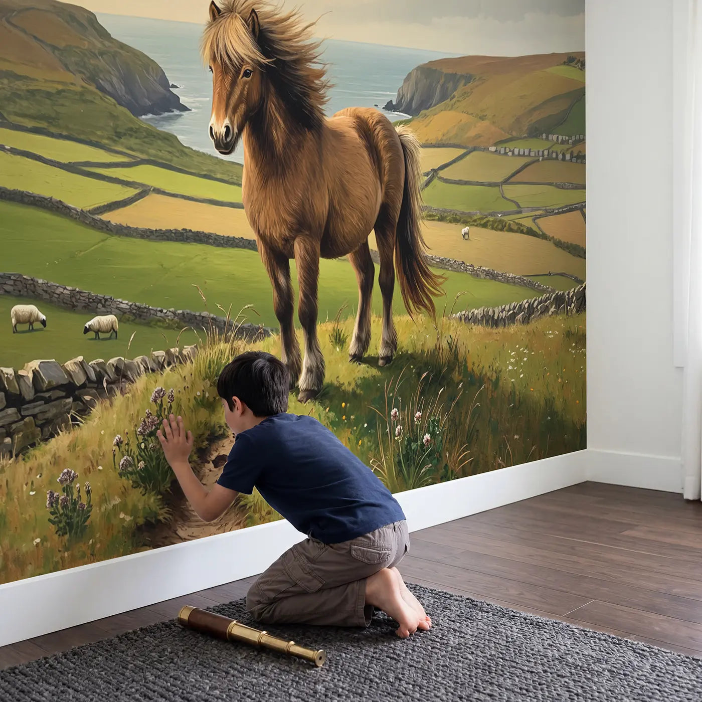 Child in nursery with Wild Mane Shetland Pony Hillside Wallpaper Mural by Whimsy Tots