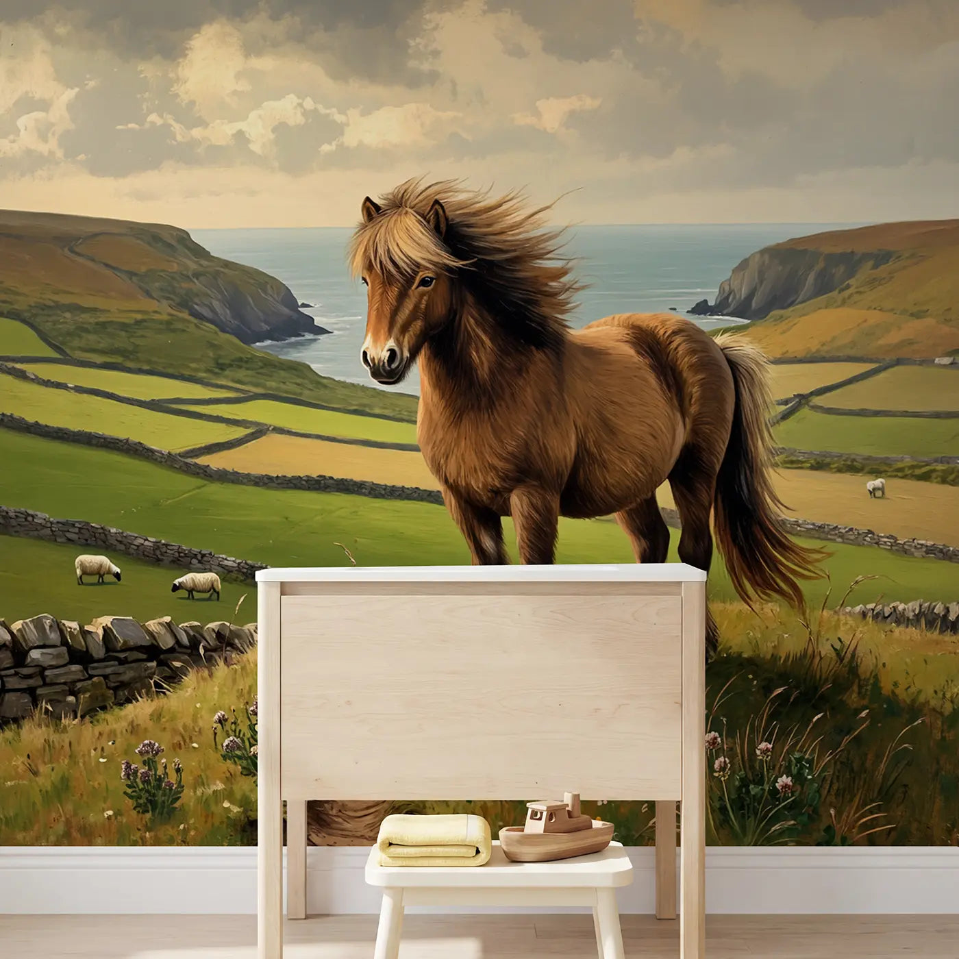 Wild Mane Shetland Pony Hillside Wallpaper Mural in playroom setting by Whimsy Tots