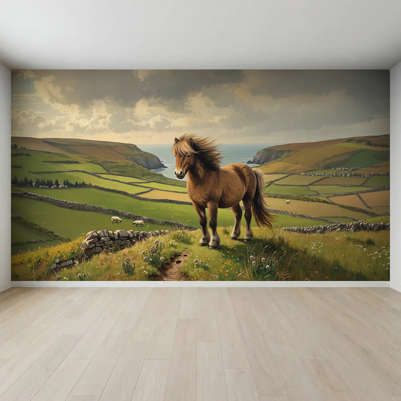 Full view of Wild Mane Shetland Pony Hillside Wallpaper Mural by Whimsy Tots